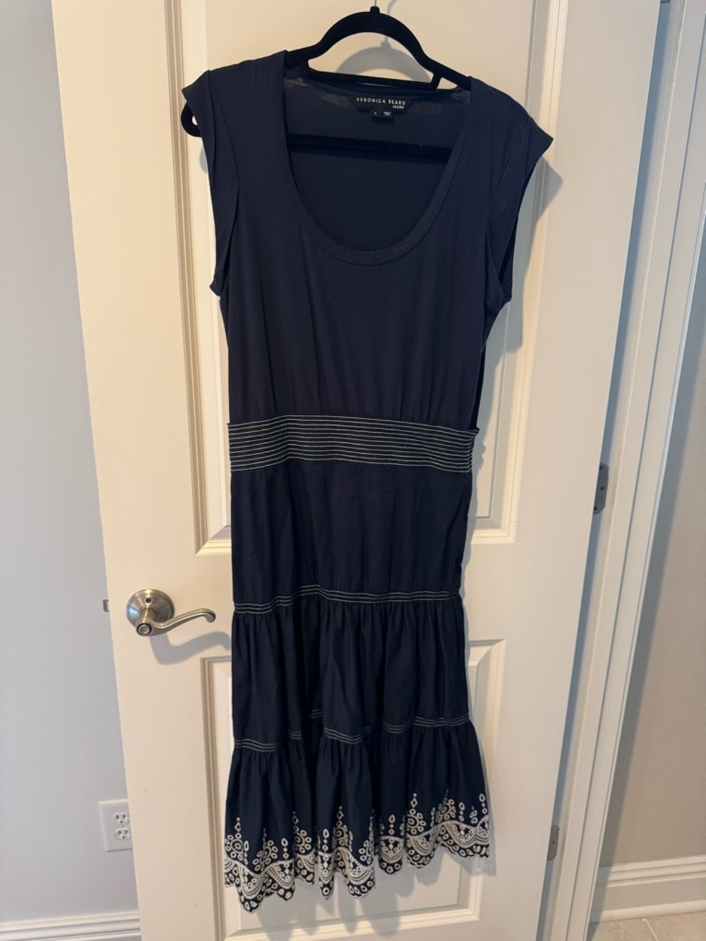 Veronica Beard Navy Blue & White Eyelet Sleeveless Amaia Midi Dress | S - Picture 4 of 7